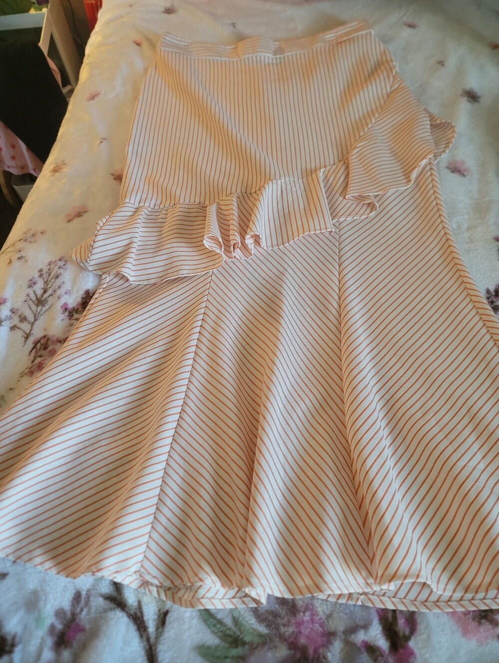 Cream and Orange Striped Ruffle Skirt